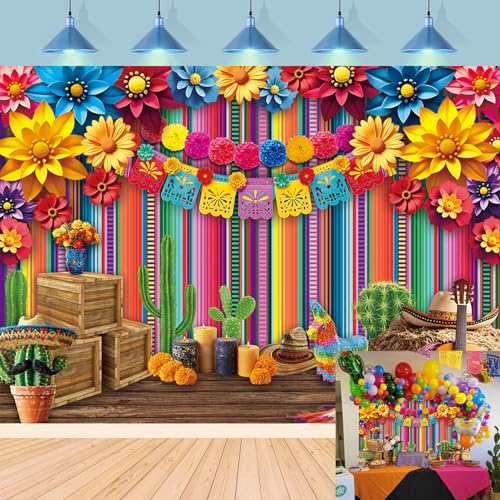 Mexican Fiesta Backdrop Mexico Cinco De Mayo Colorful Striped Paper Flowers Photography Background Fiesta Carnival Birthday Party Decoration Banner Photo Props (7x5FT)