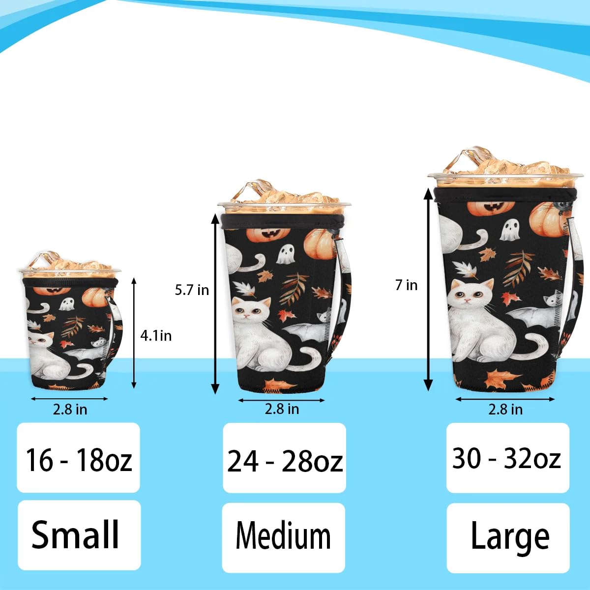 Cat Pumpkin Leaf M Reusable Iced Insulator Coffee Sleeves Neoprene Insulated Sleeves With Handle Coffee Sleeves for Iced Coffee Cups Drinks