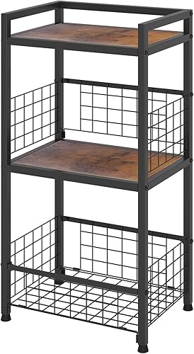 ALBAD Mesa auxiliar industrial pequeña con soporte de almacenamiento de vinilo para sala de estar, dormitorio, mesita de noche, marrón rústico y