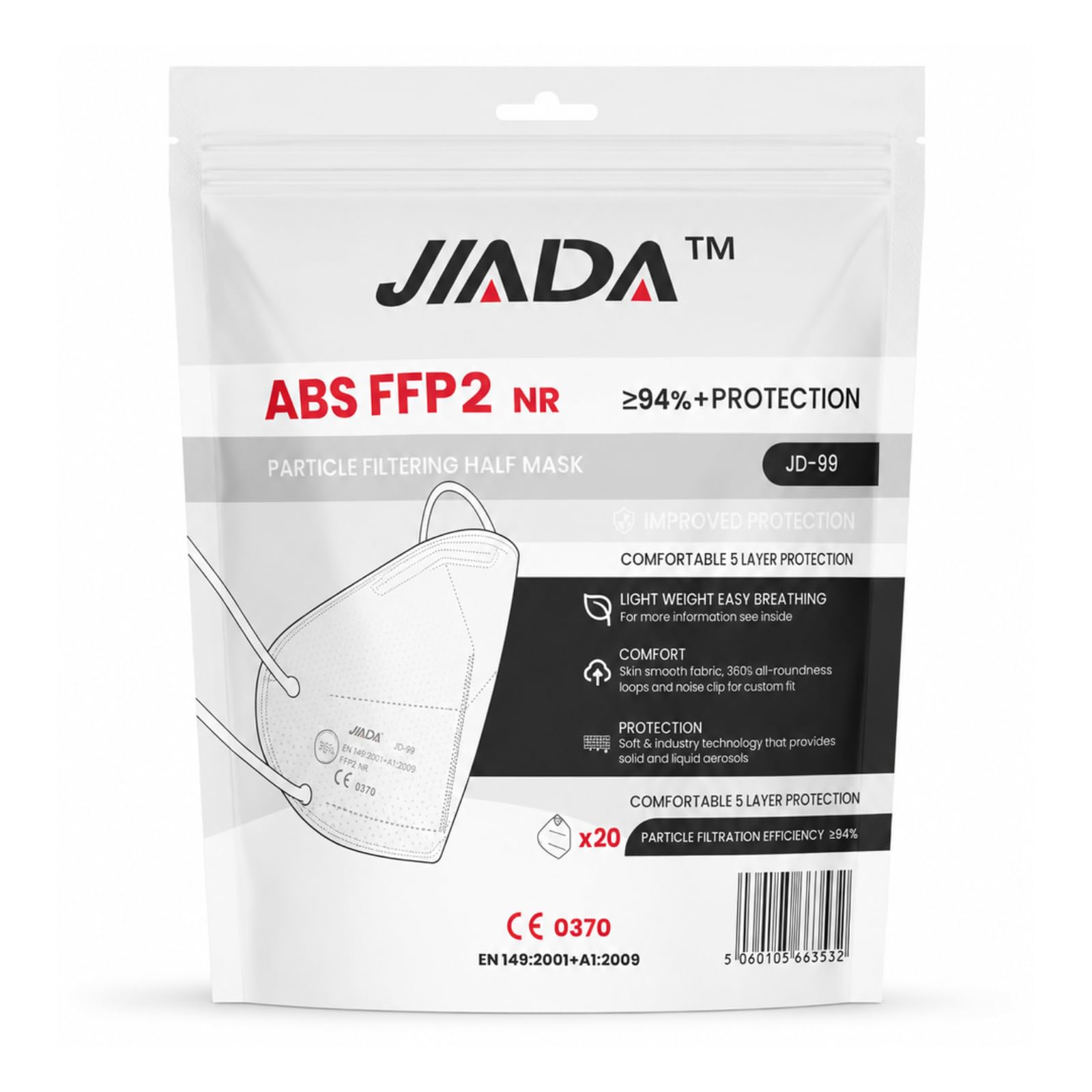 Apex Business Supplies JADA FFP2 Face Masks Pack of 20 CE Certified, Disposable 5 Layer Flat Fold Dust Masks, Individually Wrapped Masks for DIY, Sanding, Cleaning and Workplace Use