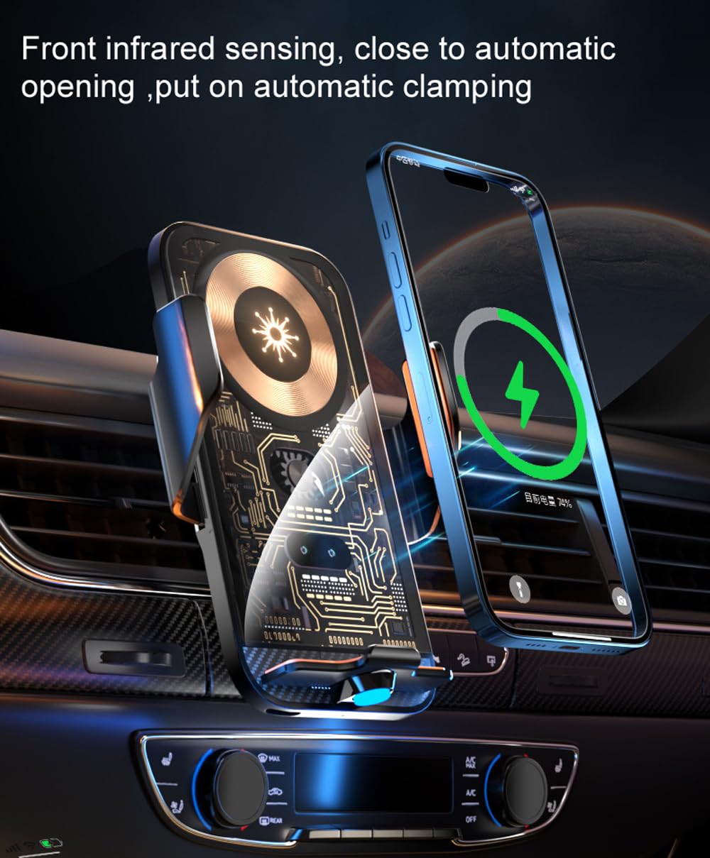 XYAJUANG 15W Transparent Smart Sensor Car Wireless Charger,Auto-Clamping Car Air Vent Phone Holder?QC Fast Charging for iPhone15/14/13/12/11/X/8plug Series,Samsung S Series/Noteseries (Black)