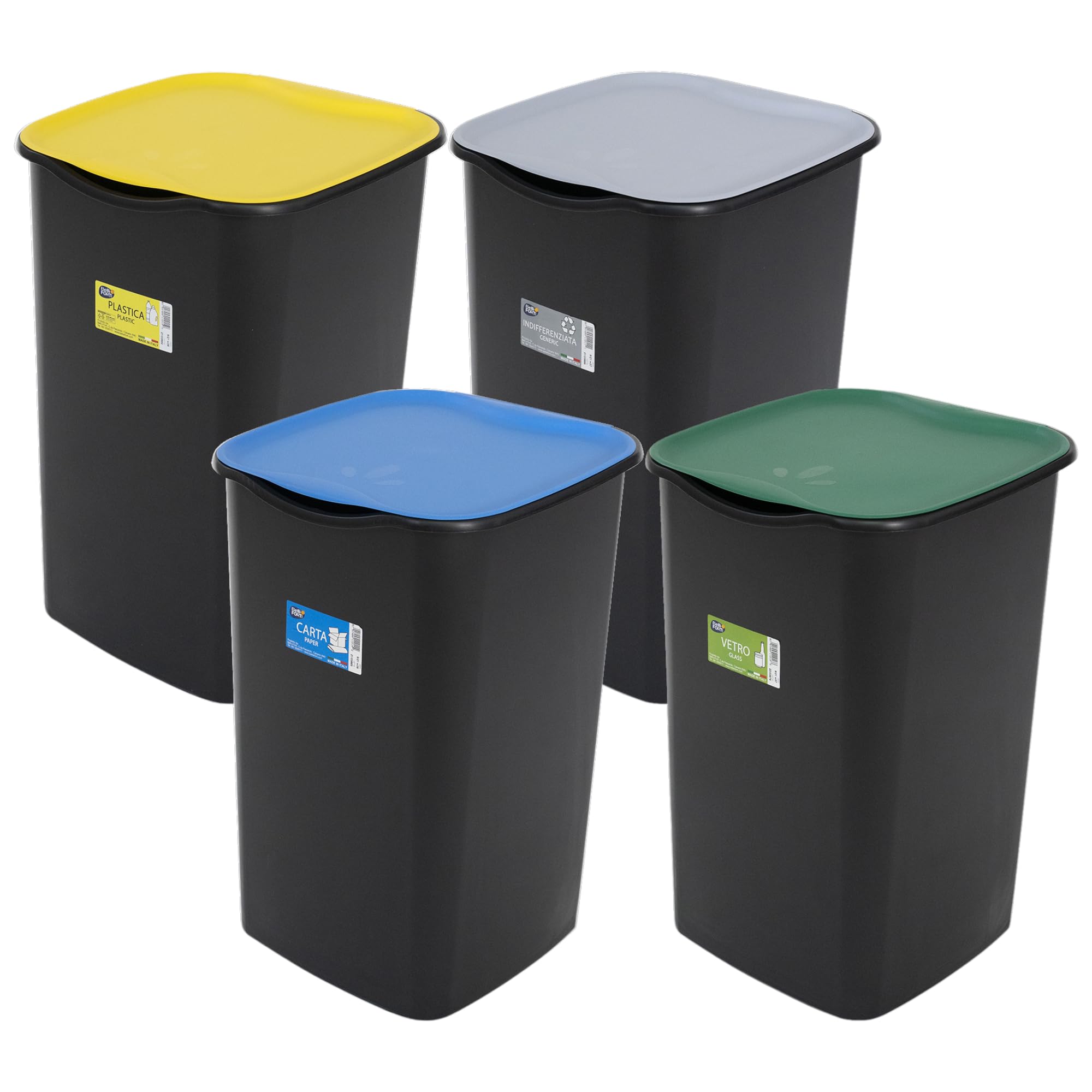 Belli e Forti Set 4 Pattumiere Per La Raccolta Differenziata 50L: Plastica, Nero Con Cop. Giallo + Vetro, Nero Con Cop. Verde + Carta, Nero Con Cop. Blu + Indifferenziata, nero con coperchio Grigio