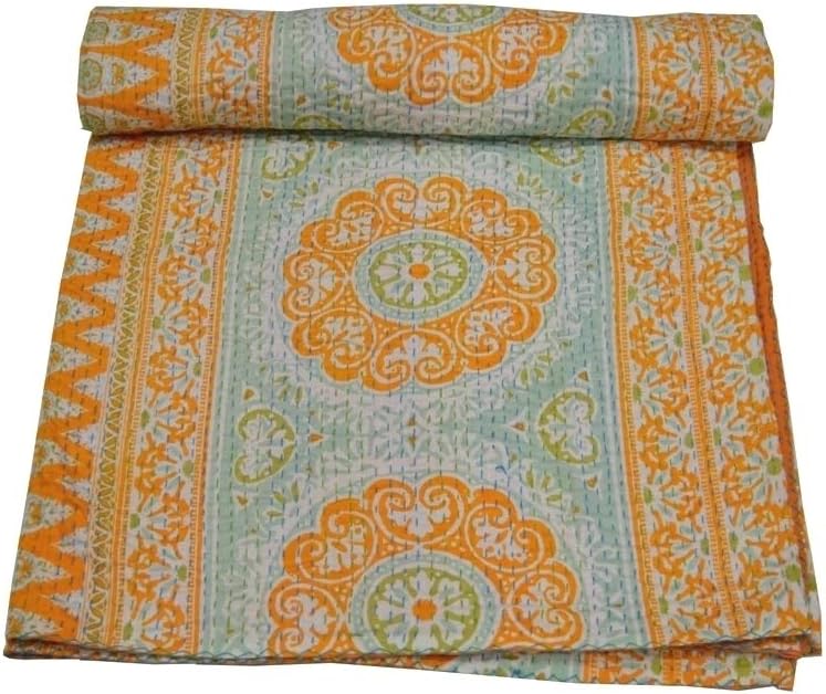 YUVANCRAFTS Indian Handmade Cotton Kantha Quilt Traditional Round Print Twin Quilt Blanket Bedspreads Throw (Orange)