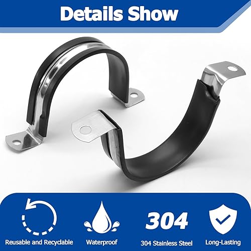 Miniatura 4 de 12 abrazaderas de tubo de 2 pulgadas, abrazadera de correa de tubo rígida reforzada de acero inoxidable, correa de dos agujeros, clip de tubo con