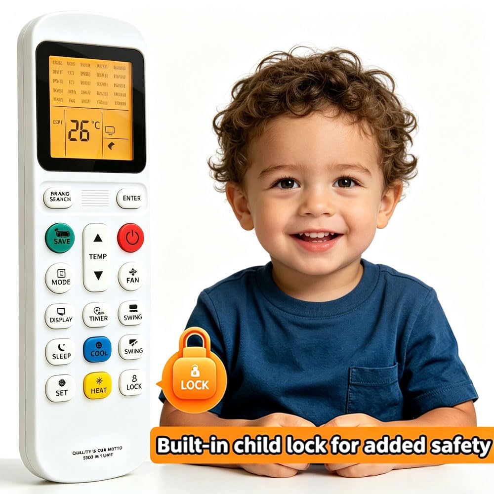 Telecomando di ricambio universale AC, telecomando per condizionatore d'aria con funzione di memoria di blocco bambini, controller IR a bassa potenza per casa, camera da letto, soggiorno, unità AC