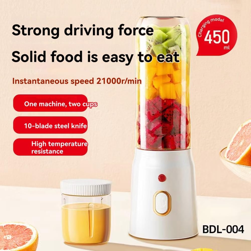 Wuden 450ml Blender Double Cup USB Rechargeable with 10-Blades Smart Safety Lock Travel Fruit Juicer Cup Handheld Fruit Blender Juicer Cup