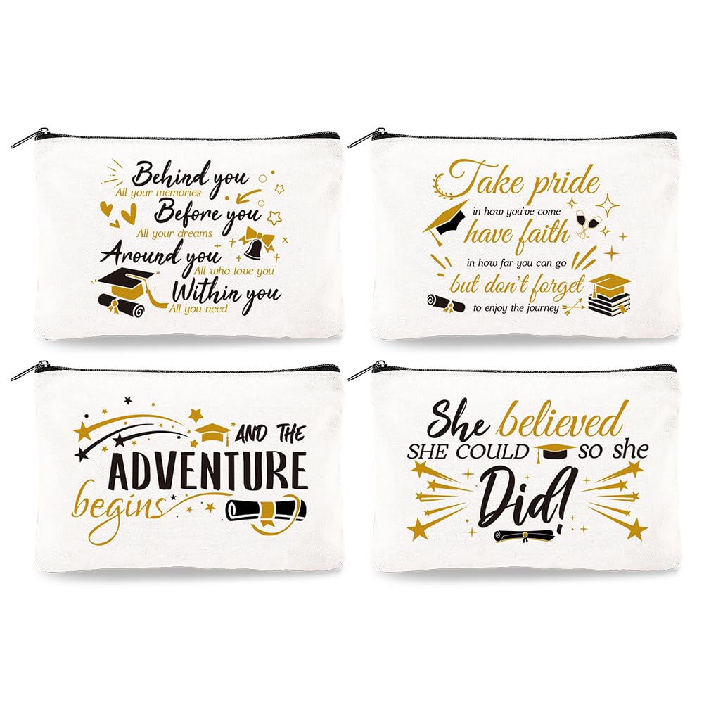 DOODLREAM 4Pcs Canvas Makeup Bag - 9.06" x 5.9" Graduation Gifts for Her Motivational Cosmetic Bags Travel Organizer Portable Accessories with Zipper,
