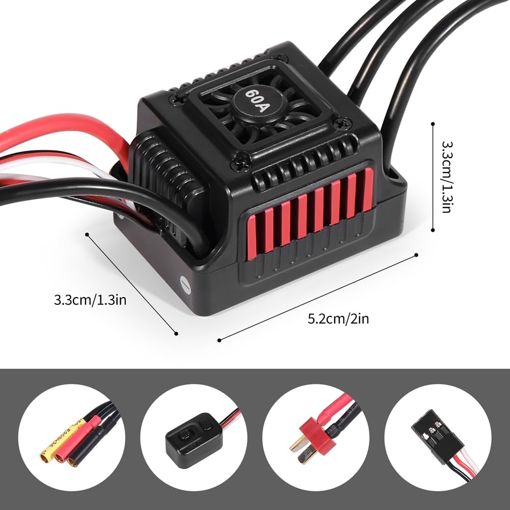 Joselin WSDT-60A RC Sensorless Brushless Waterproof 60A ESC Adecuado para 1/10 RC, Compatible con Varios Servos Sin Escobillas