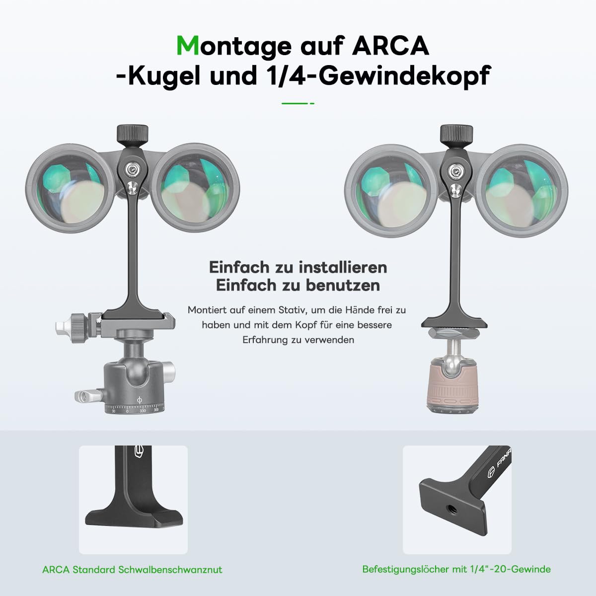 FANAUE Adaptateur de trépied pour jumelles avec filetage 1/4-20", compatibilité avec les jumelles Porro et les têtes sphériques Arca, adaptateur universel pour l'observation des oiseaux, la chasse