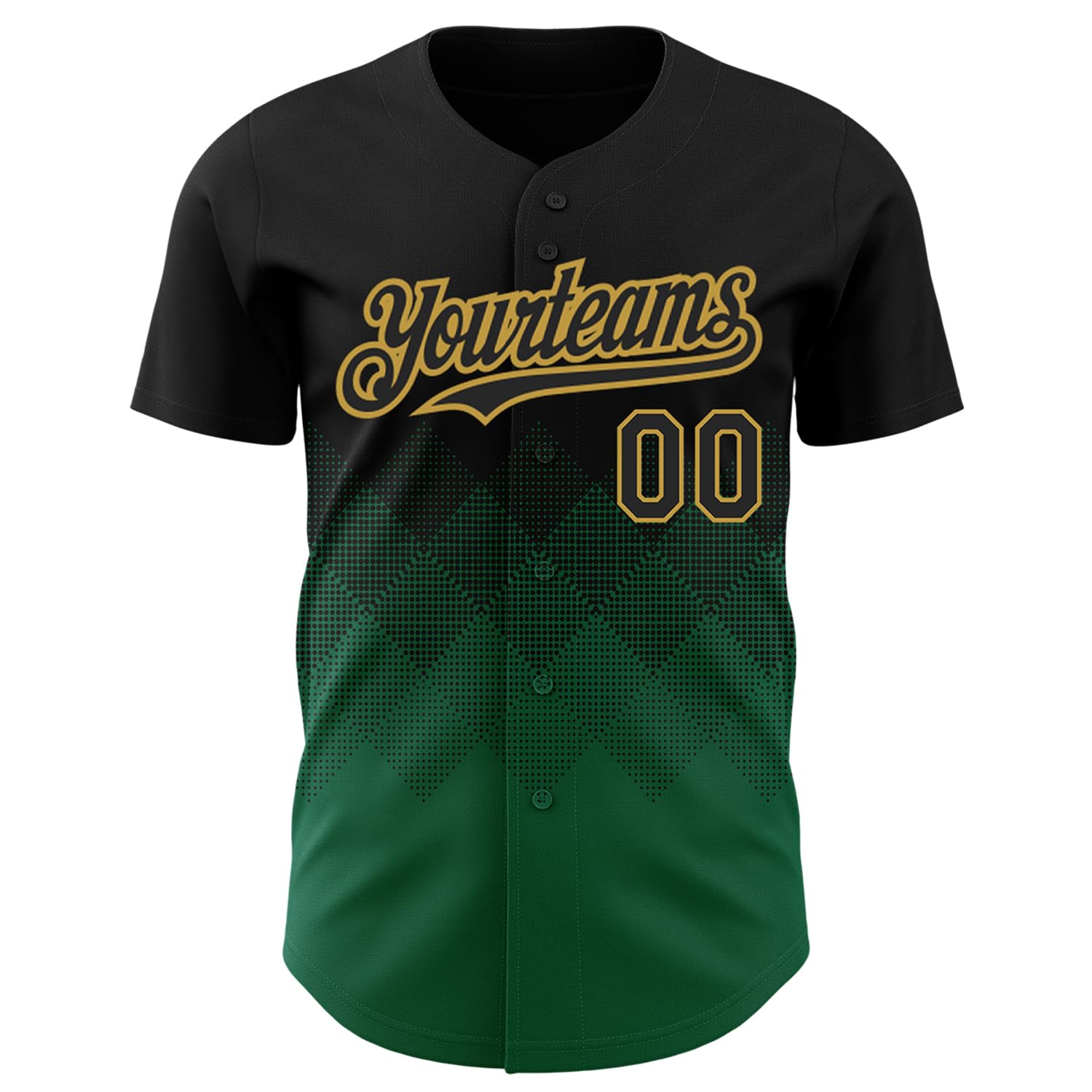 Custom Men Women Baseball Team Jerseys Black Kelly Green and Old Gold Fashion Gradient Softball Shirts Rhombus Pattern, Personalized Full-Button Short Sleeve Sports Practice Uniforms Top for Youth Boy