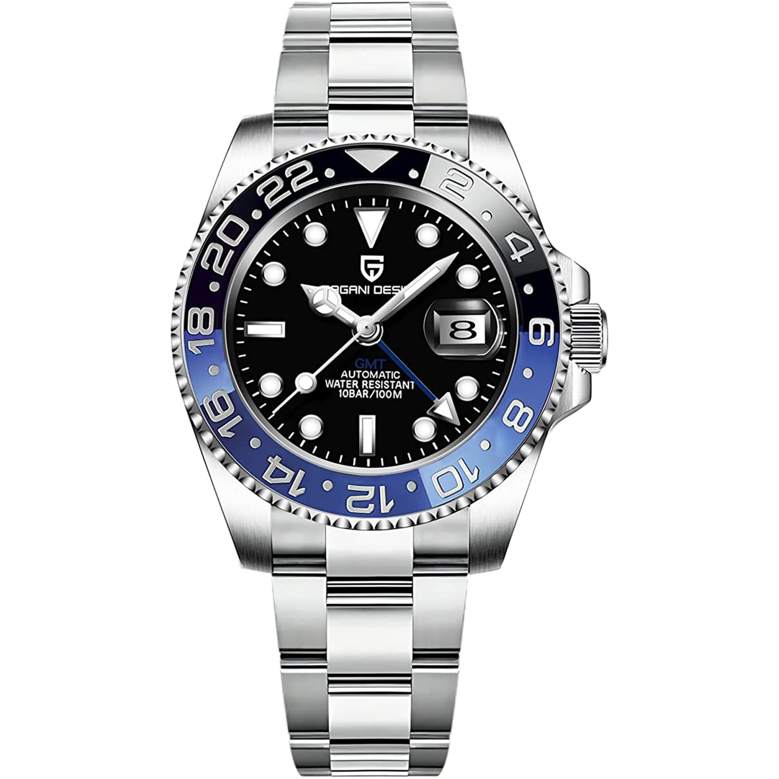 CADISEN Pagani Design GMT Fully Automatic Mechanical Men's Watch 40MM Date 100M Waterproof Stainless Steel Submersible Rotating Ceramic Bezel Men's Sports Watch PD-1662