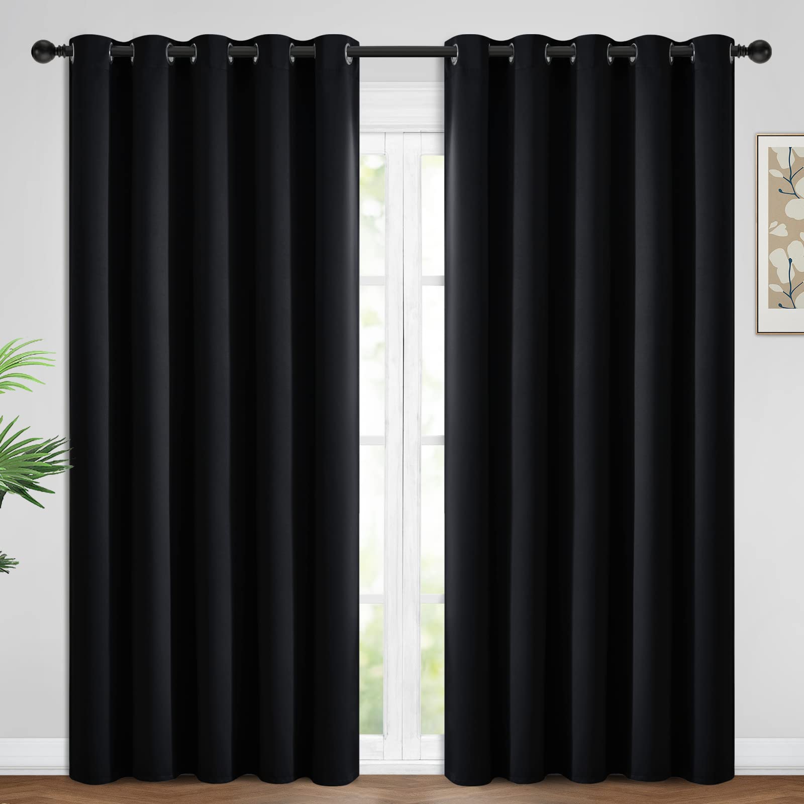 Yakamok 84 Inch Length Blackout Curtains for Bedroom, Room Darkening Thermal Insulated Solid Grommet Panels for Living Room(62Wx84L, Black, 2 Panels)