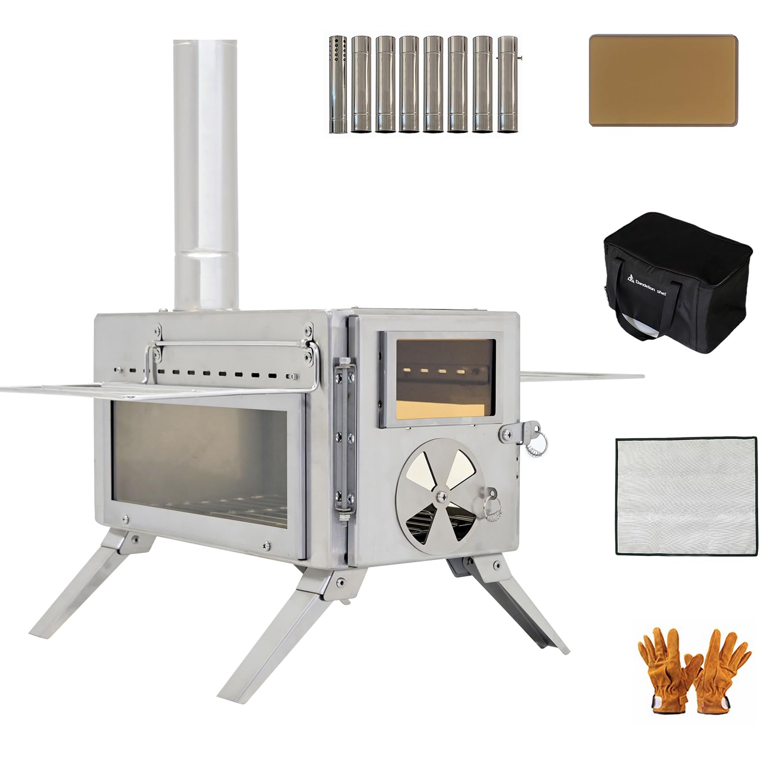 Wood Stove, Camping Wood Stove Include View Glass, Portable Wood Stove With 7 Stainless Steel Insulated Chimneys for Shelter, Hunting, Outdoor Cooking and Heating (304 Stainsteel)