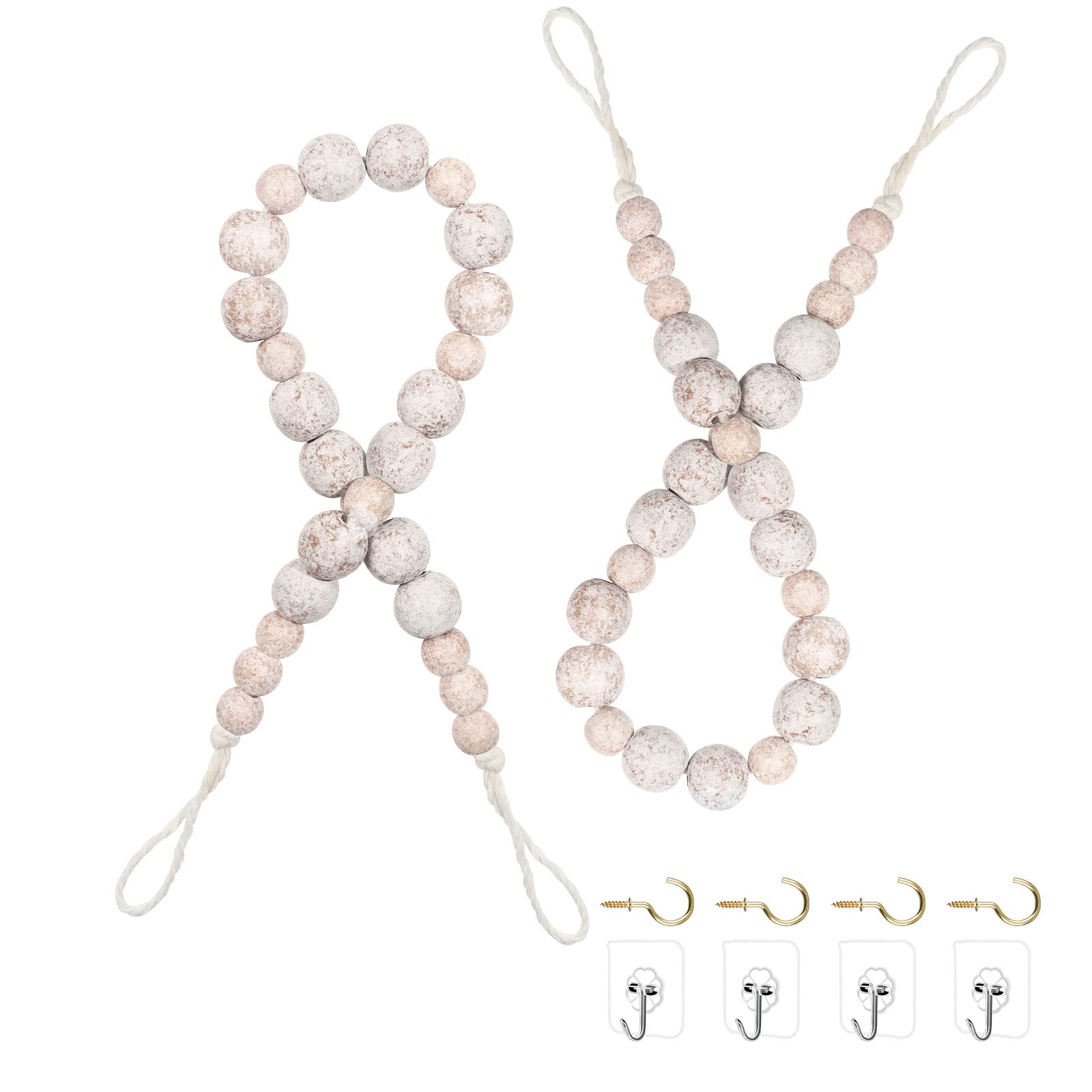 Hion 2 Pcs Boho Curtain Tiebacks,Wood Beads Curtain Holdbacks,Outdoor Farmhouse Tie Backs for Curtains,Curtain Holders for Drapes Home Office Decor with Hooks(White Washed)