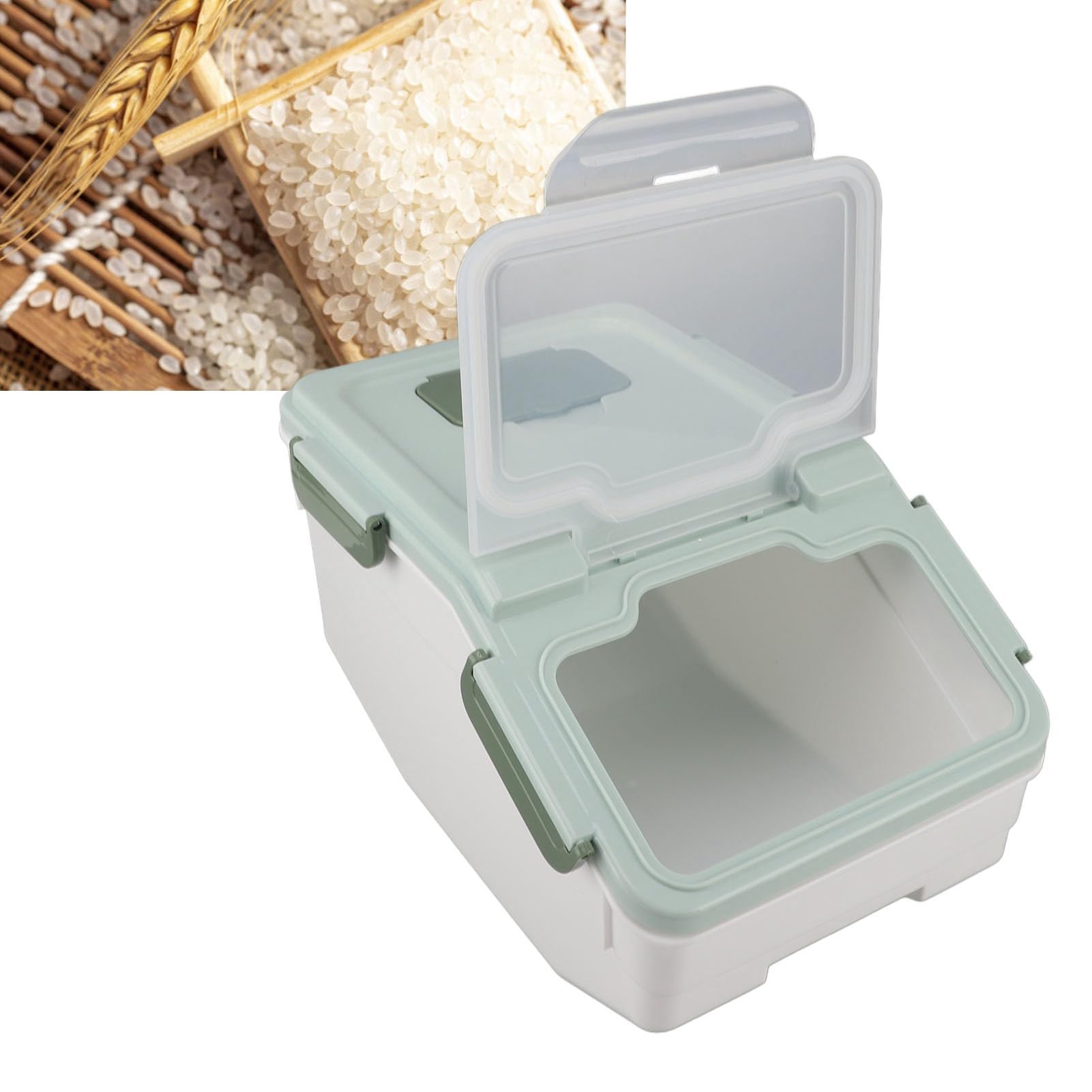 Asixxsix Récipient à Riz Hermétique, Bac en PP épaissi Studry pour Grains de Farine de Riz, Couvercle Facile à Ouvrir et à Fermer, Vert Menthe avec Tasse à Mesurer (5kg / 11lb)