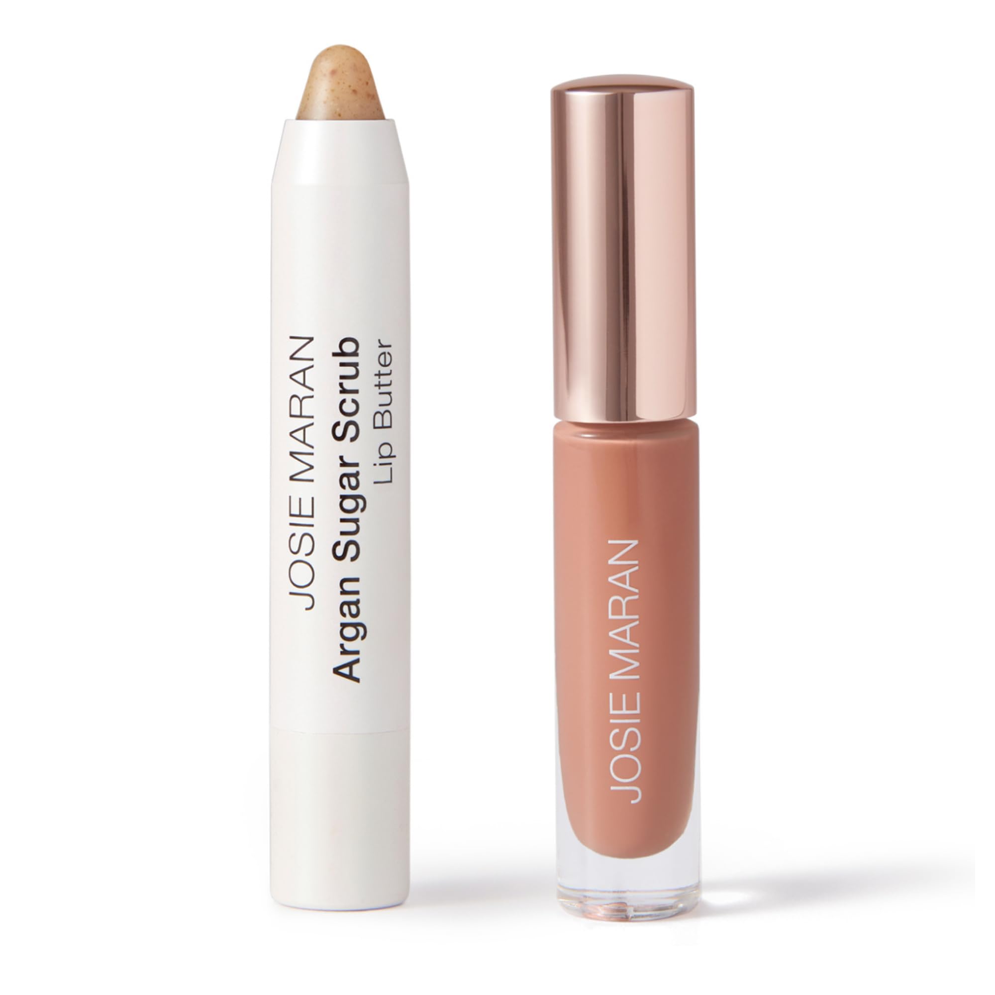 Josie Maran Lip Exfoliator Scrub & Plumping Lip Gloss - Argan Sugar Scrub Lip Butter in Crystal Clear & Hyaluronic Lip Booster in Happy - Buff Away