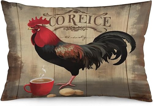 Funda de almohada con diseño de gallo, color rojo y negro, 20 x 30 pulgadas, estilo vintage, estilo granja, rectangular, decorativa, para la