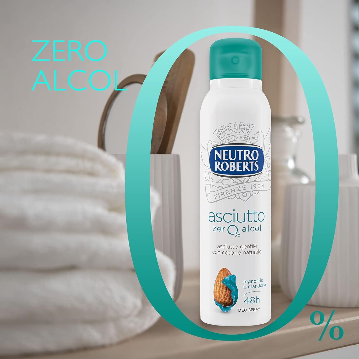 6 X Neutro Roberts, deodorante Asciutto Spray Iris e Mandorla, senza alcool e con Rockalaun, anti sudore, deodorante unisex, 150 ml + portachiavi Beni Culinari