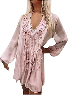 2025 Blusa para mujer, color sólido, corte holgado, estampado floral a la moda, manga larga, blusa de gasa, vestido de verano para mujer con flores