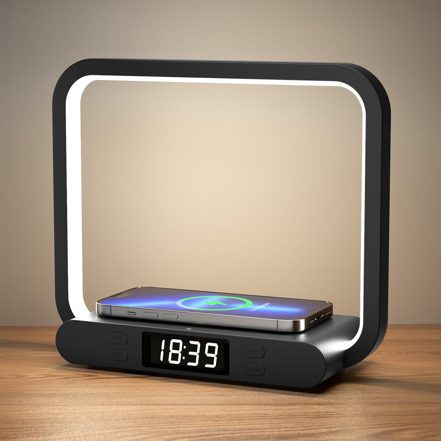 VOSFEEL Lámpara de mesilla de noche con función de carga 4 en 1 Táctil Regulable con reloj Luz de noche 15W Carga inalámbrica con puerto USB Lámpara de mesa para dormitorio Salón Oficina(Adaptador inc