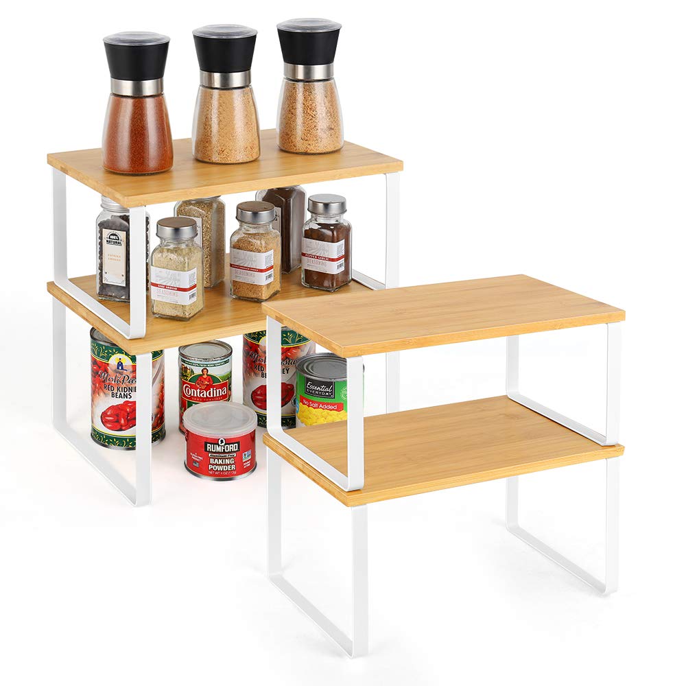 Vrisa Kitchen Cabinet Organizer Stackable Spice Rack Shelves for Cabinet Expandable Pantry Shelves Organizer Set of 4 Bamboo