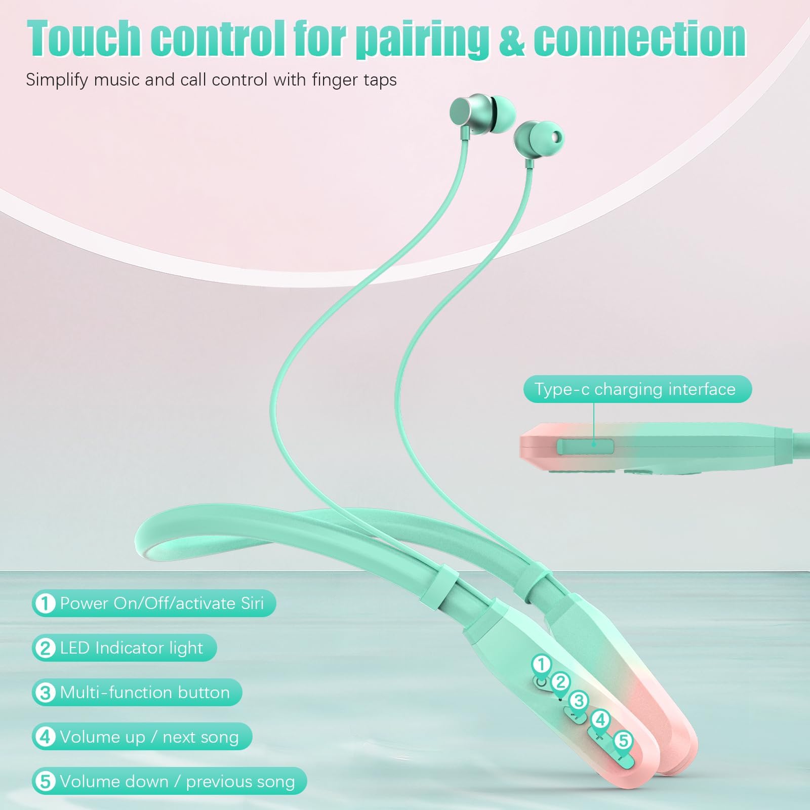 Lecefty Neckband Bluetooth Headphones - 200H Playtime, Waterproof, Balanced Armature Drivers (Pinkish Green)
