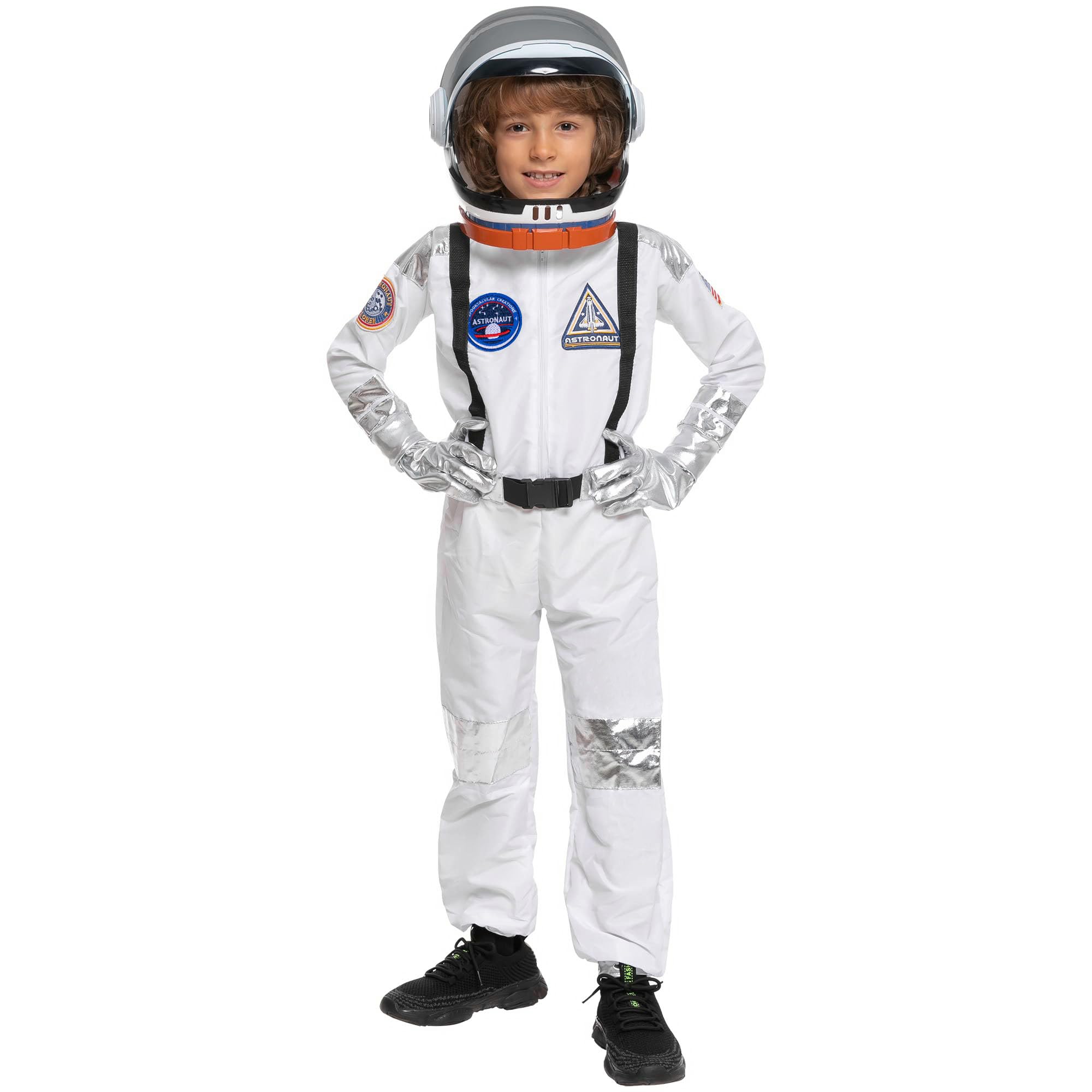 Spooktacular Creations Kostium dla dzieci na Halloween, uniseks, srebrny pasek, kostium astronauta, kombinezon dla jeźdźców z kaskiem, 3T-L (3-12 lat)