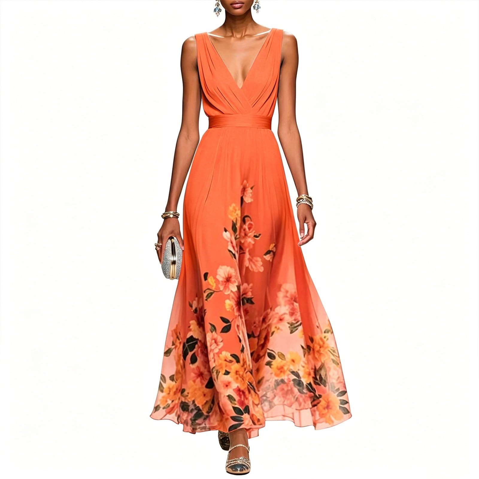 Générique Robe Femme Chic et Elegant Femme Robe de Soirée Chic Longue Col V À Fleur Mousseline Longue Maxi Dress Plage D'Été Cocktail Mariage Robes de Demoiselle d'honneur