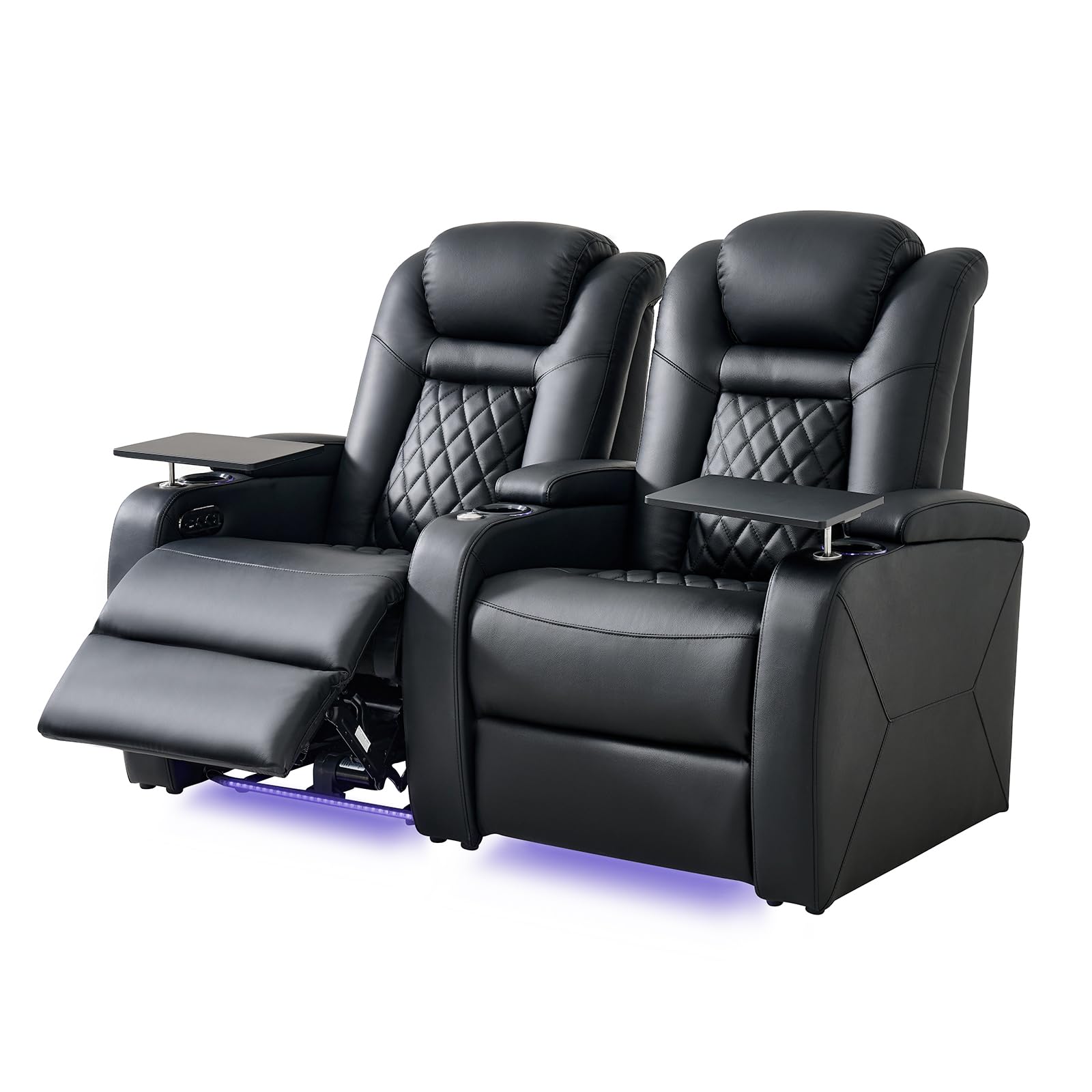 Home Theater Seating, Classic Series Leather Movie Theater Chairs, Power Headrest and Memory with C-Type USB Charger, 7-Color Ambient Lighting and Tray Table, Black Power Adjustable Recliner(Row of 2)