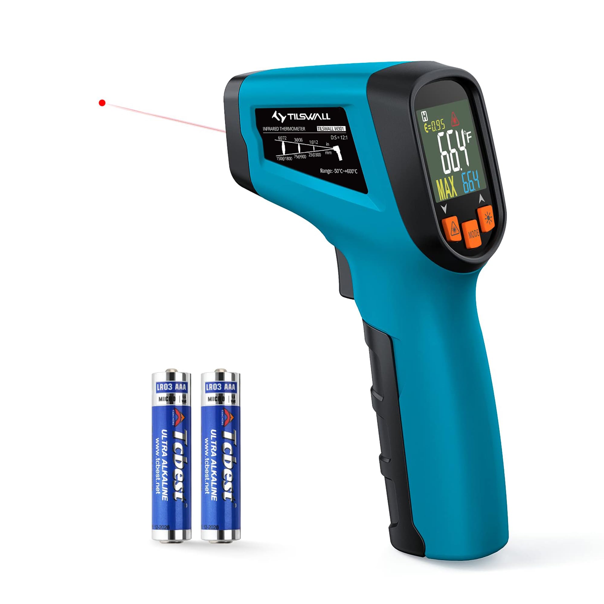 Tilswall Termometro IR Digitale (-50°C~600°C) con Laser Rosso e Display LCD – Misuratore di Temperatura Senza Contatto per Cucina, Forni, Industriale (Non per Umani), W301