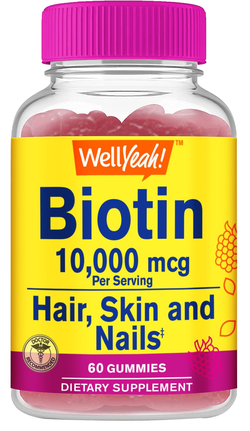 Amazon.com: WellYeah Gomitas de biotina de alta potencia de 10,000 mcg, para cabello más fuerte, piel y uñas, aptas para veganos, sin gluten, sin OMG y delicioso sabor a bayas, 60 gomitas :