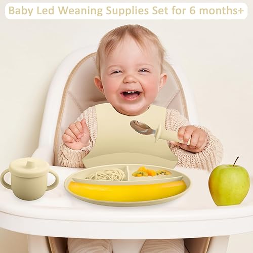 Miniatura 4 de Positive Pieces Juego de alimentación de silicona para bebés utensilios, cuencos, platos y taza para sorber para bebés de 6 meses  Suministros de