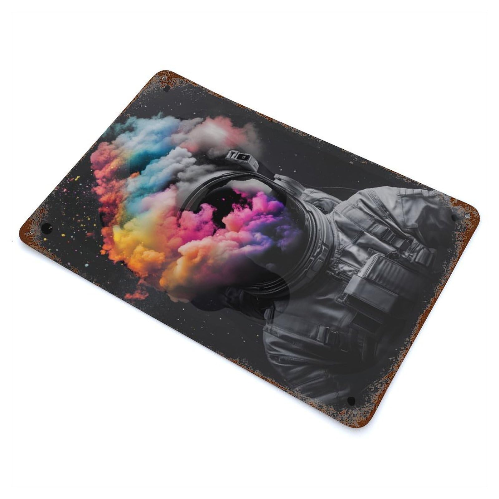 Garage Style Astronaut With Colorful Nebula Weathered Tin Sign 11.8"x7.9", Classic Wall Plaque for Bar And Workshop