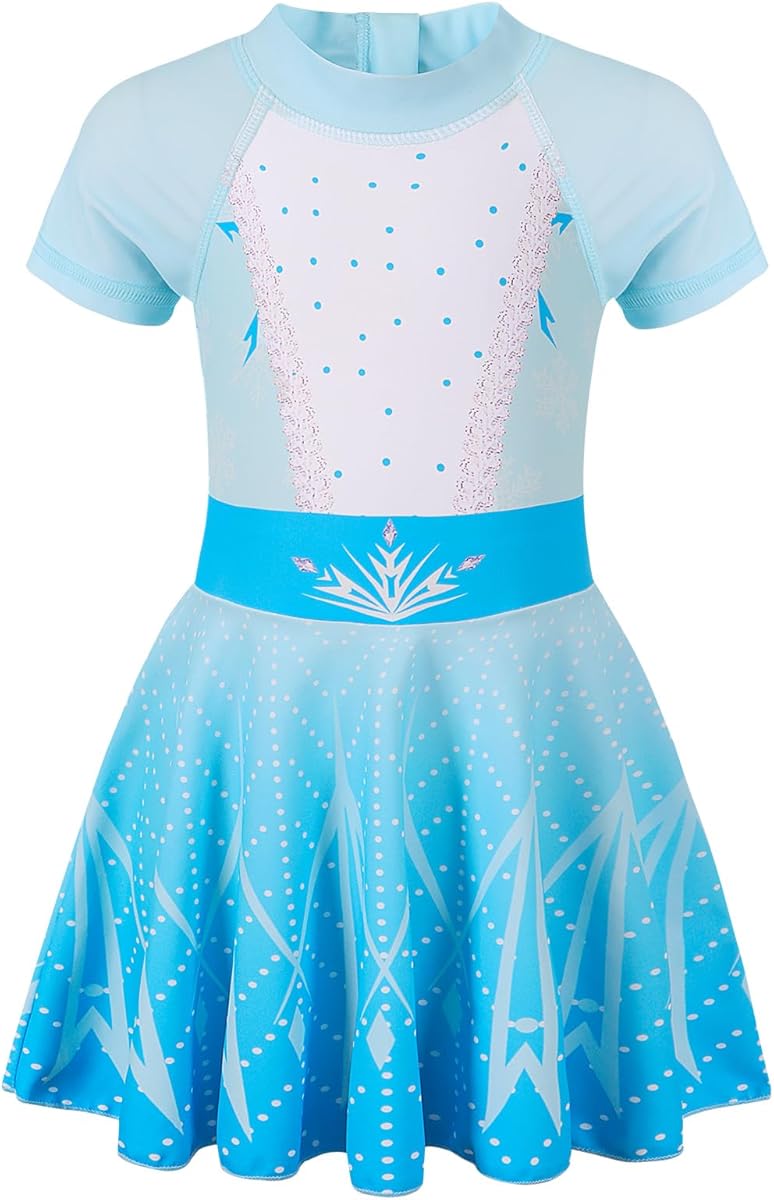 COTRIO Princess Bathing Suit Girls Swimsuit UPF 50+ Rash Guard Short Sleeve One Piece Swimwear Swim Dress Beach Swimming Suit
