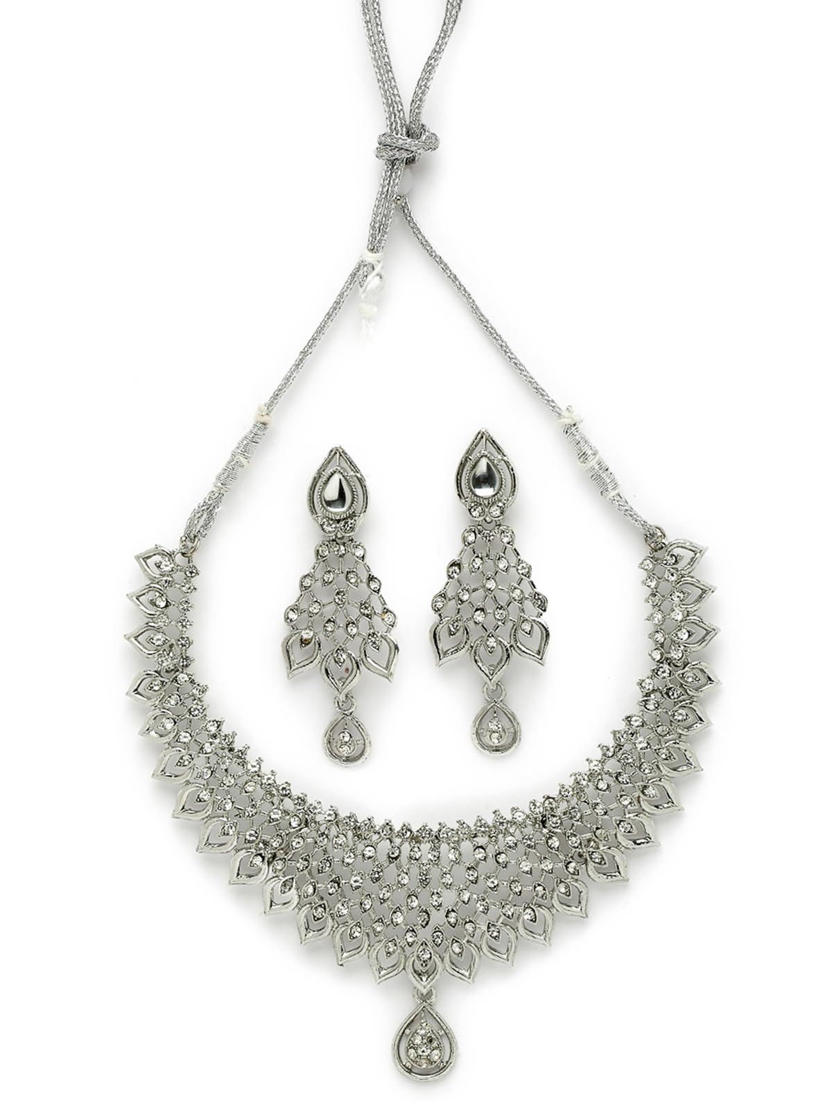 SukkhiStriking Rhodium Plated Silver AD White Stone Collar Bone Necklace Set And Earring | Jewellery Set For Women (NS105661)