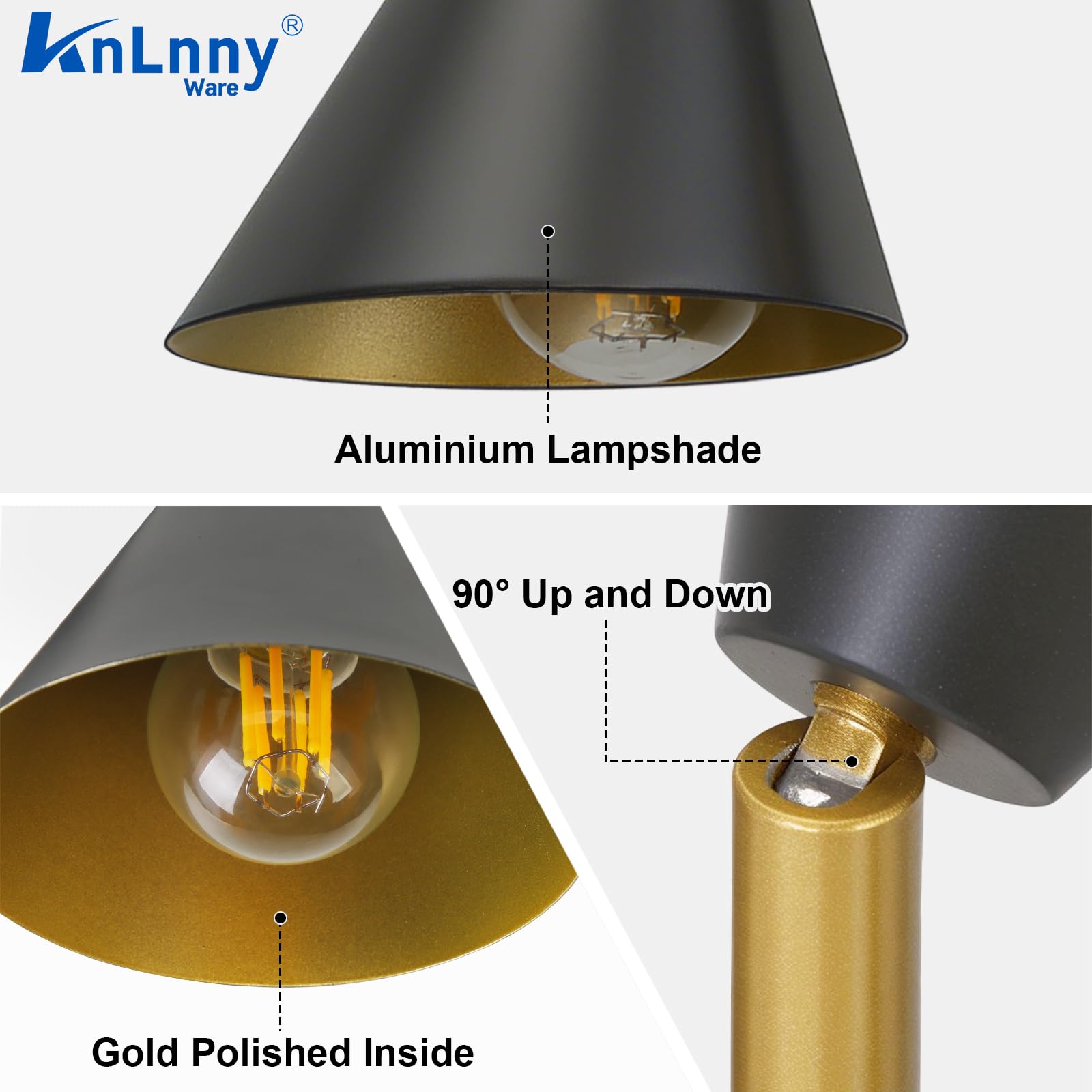 KnLnny Ware 4 Luci Nera Industriale Lampada da Soffitto e Parete, 350° orizzontale e 90° verticale regolabile con attacchi E14, Nero esterno Oro interno Lampada in Metallo Vintage, Senza Lampadine