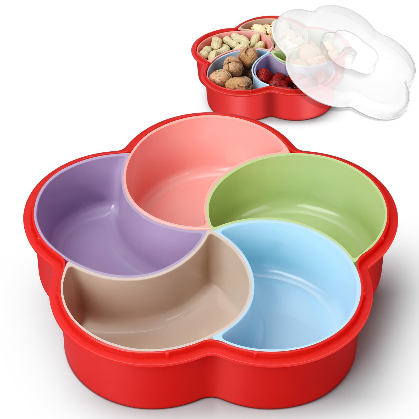 Photo 1 of *BUNDLE ITEMS* Sunnychicc 2 Pcs Divided Snack Serving Tray with Lid 10 Inch Compartment Colored Compartment Plastic Fruit Serving Container for Nuts Candy Veggie Appetizer Platter Covered Compartment Tray (Square) & (Flower)