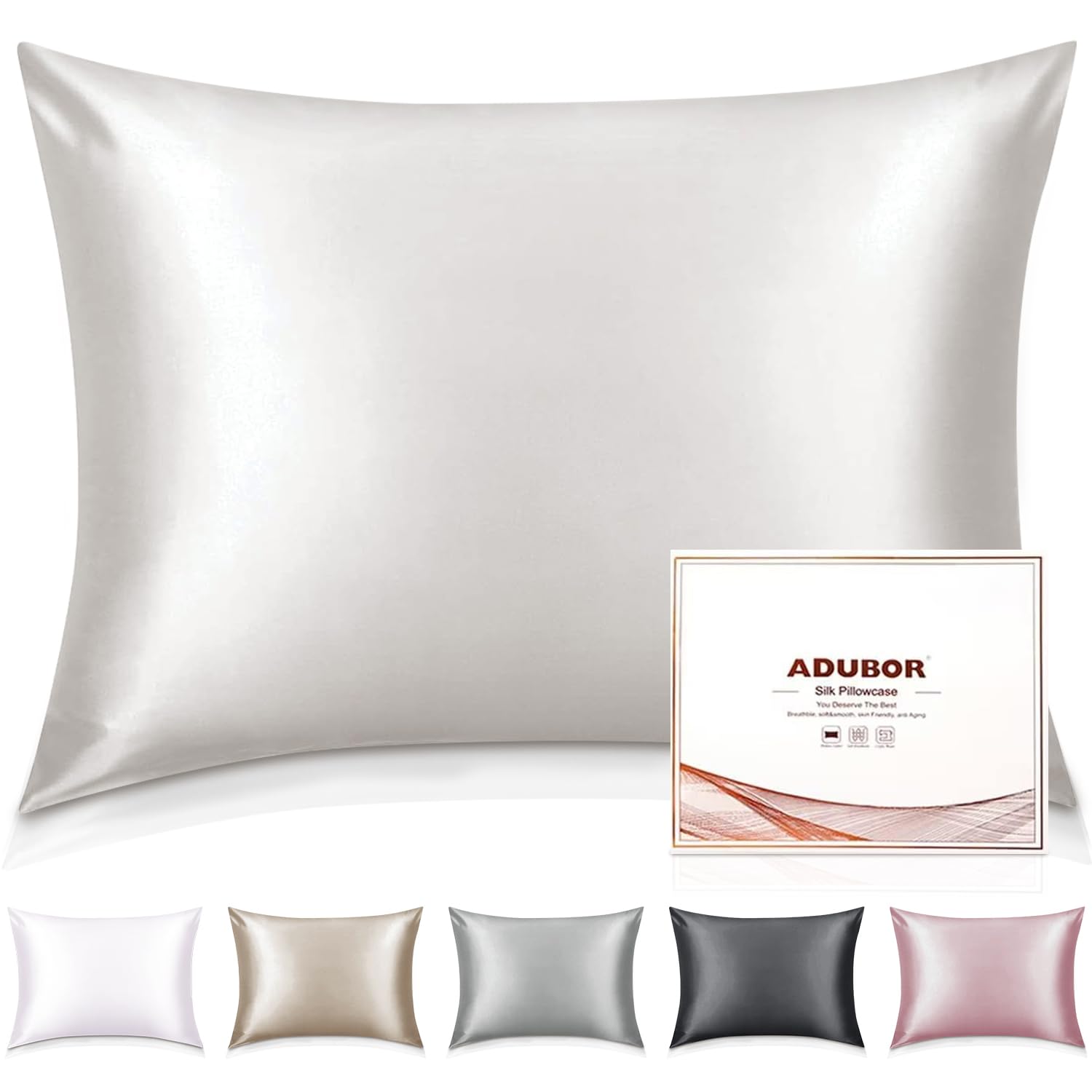 Adubor 100% Silk Pillowcase - Mulberry Silk Pillow Cases, 23 Momme 6A Grade Fibers, Silk Pillow Case for Hair and Skin Health, with Hidden Zipper (Queen 20''x30'', Ivory White, 2PC) โ image 1
