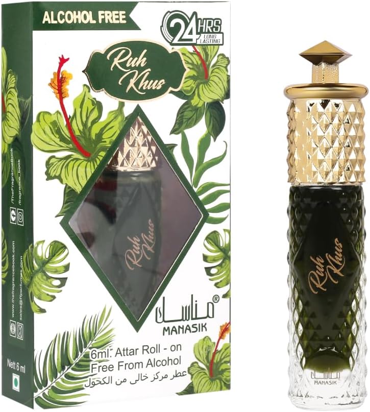 Manasik Ruh Khus Premium Attar, Soothing Fragrance, Long Lasting Roll on Itra for Men, 6 ml