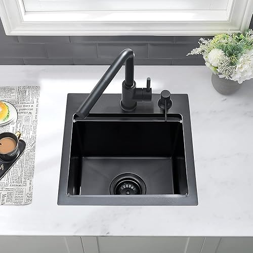 Miniatura 4 de Fregadero de barra negra de 15 pulgadas Drop In-VASOYO de 15 x 15 pulgadas, fregadero de cocina pequeño de barra húmeda, fregaderos de cocina para
