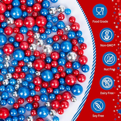 Image of Edible Patriotic Sprinkles,July 4th Blue Red and Silver Pearl Sprinkle Mix for USA Baking Decorations,130g,Edible Sugar Pearls for Captain Cake Decorating,Cookies,Ice Cream,Fondant Cake,Cupcakes,Desserts,Flag Day,Independence Day,4th of July Party Supplies