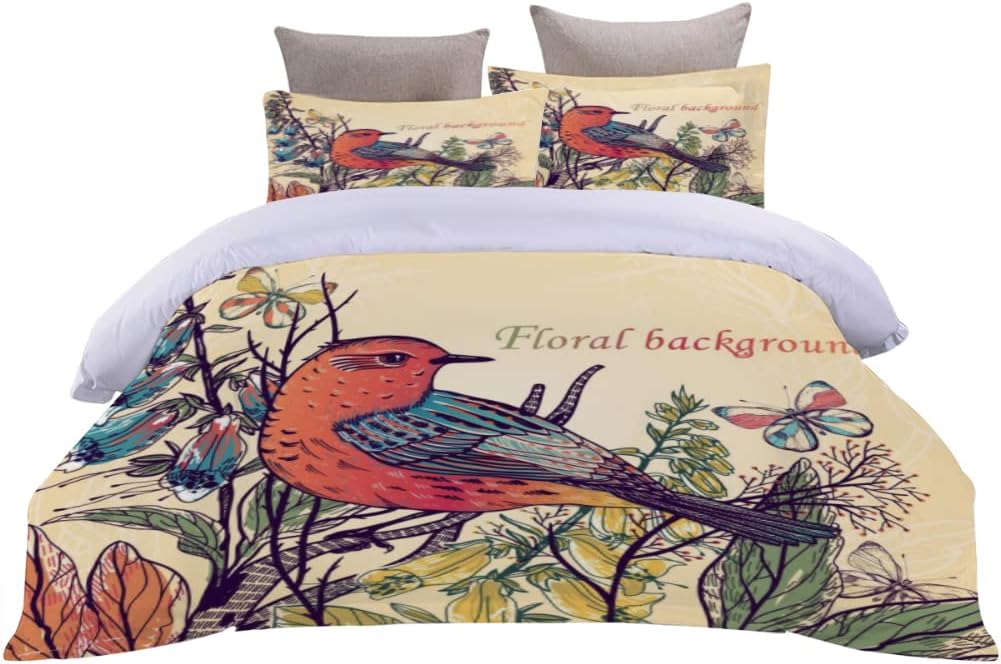 Ccfqiangtie Bedding Single Bed Duvet Cover Set Colorful Bird Flowers Bedding Set 3Pcs Quilt Cover Flower Plant Soft Microfiber Comforter Cover With Zipper