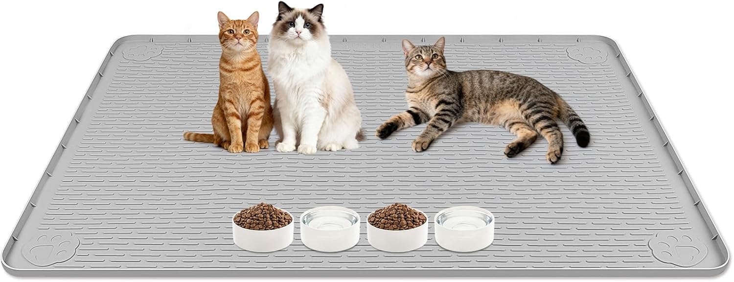 Lanstics Cat Food Mat, 50" x35" Large Silicone Mat Cat Feeding Mat with Raised Edge Non-Slip Pet Feeding Mat for Food and Water Bowl, Easy to Clean, Floor Protection (Gray)