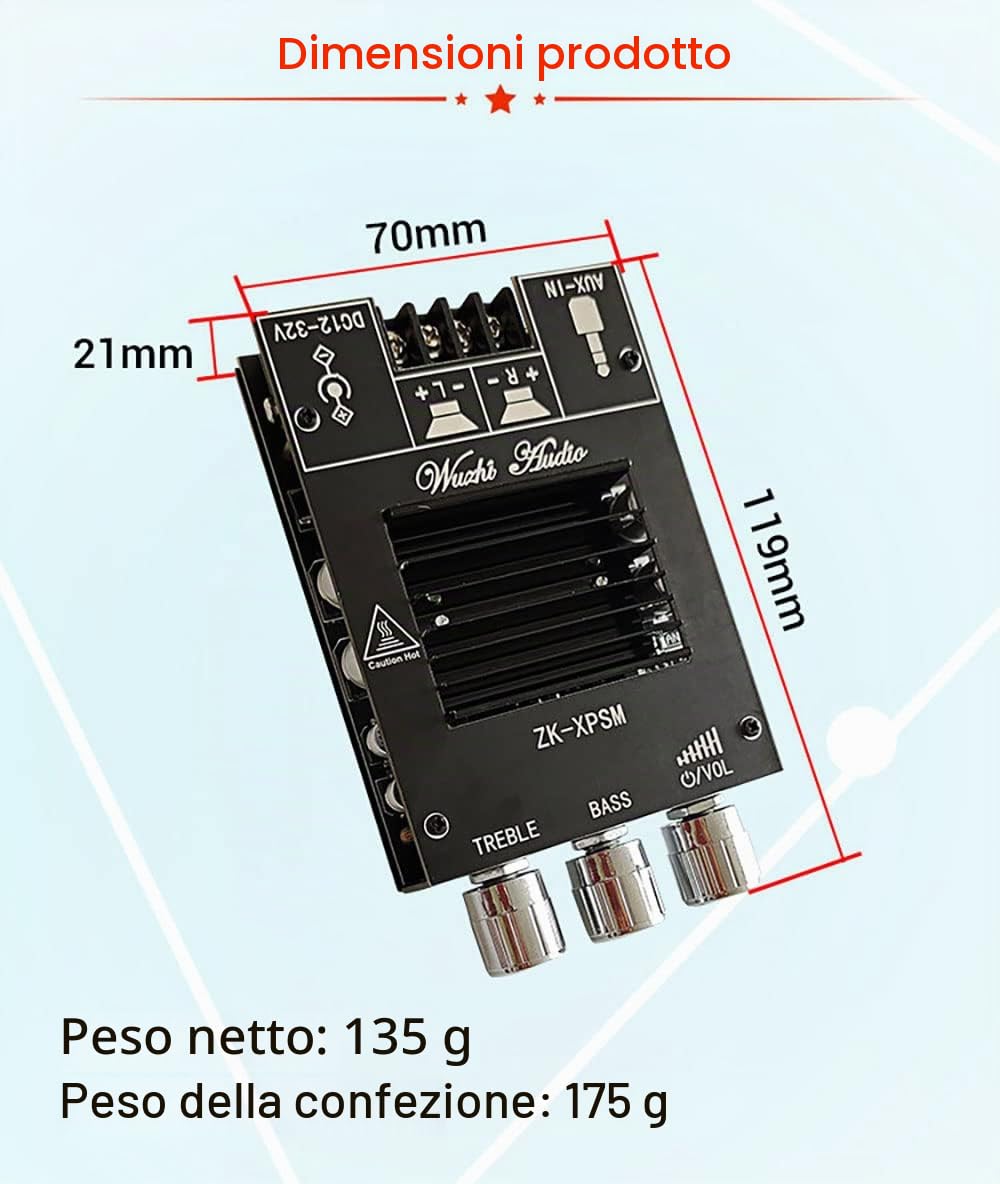 WANGCL ZK-XPSM 150W + 150W TDA7498E Amplificatore di Potenza Audio Equalizzatore BT 5.0 Stereo Subwoofer HiFi Classe D Musica Digitale Home Theater AUX AMP