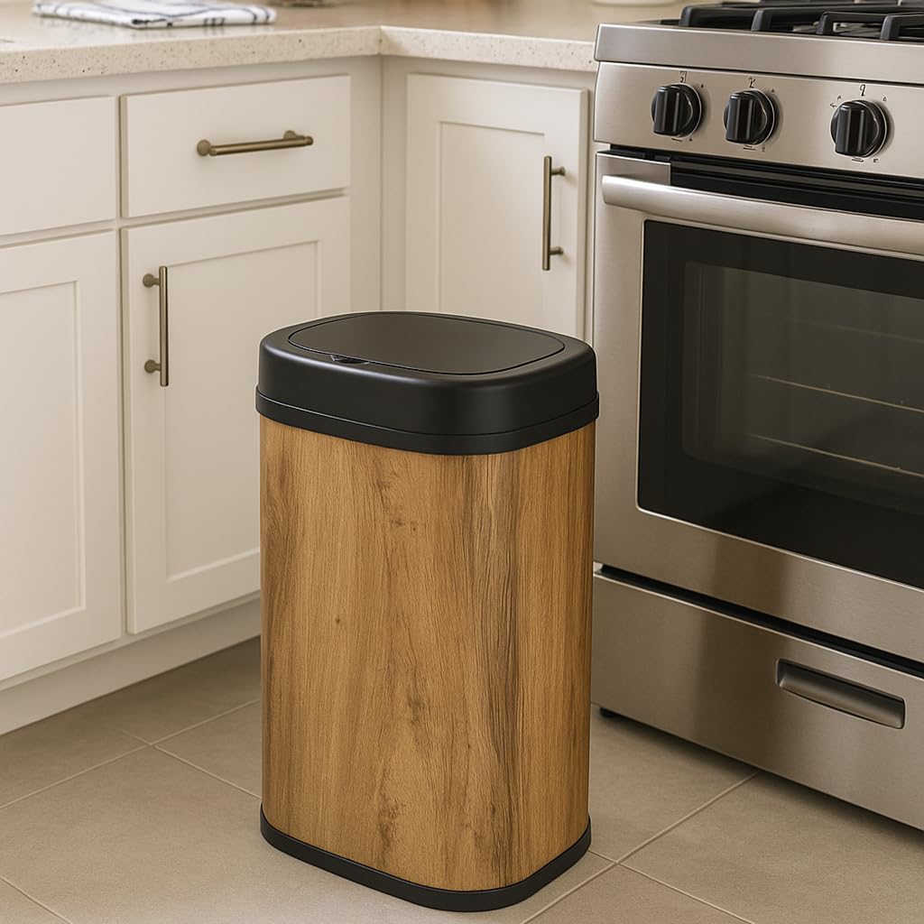 KITCHEN MOVE - Papelera de cocina automática (58 L, diseño de madera, gran capacidad, acero inoxidable, con flejado)