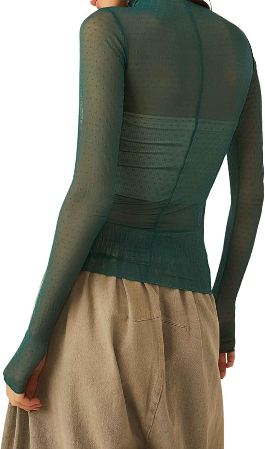 Sheer Mesh Long Sleeve Layering Top for Women Mock Neck Floral Lace Tshirt See Through Tee Shirt Blouse - Image 4