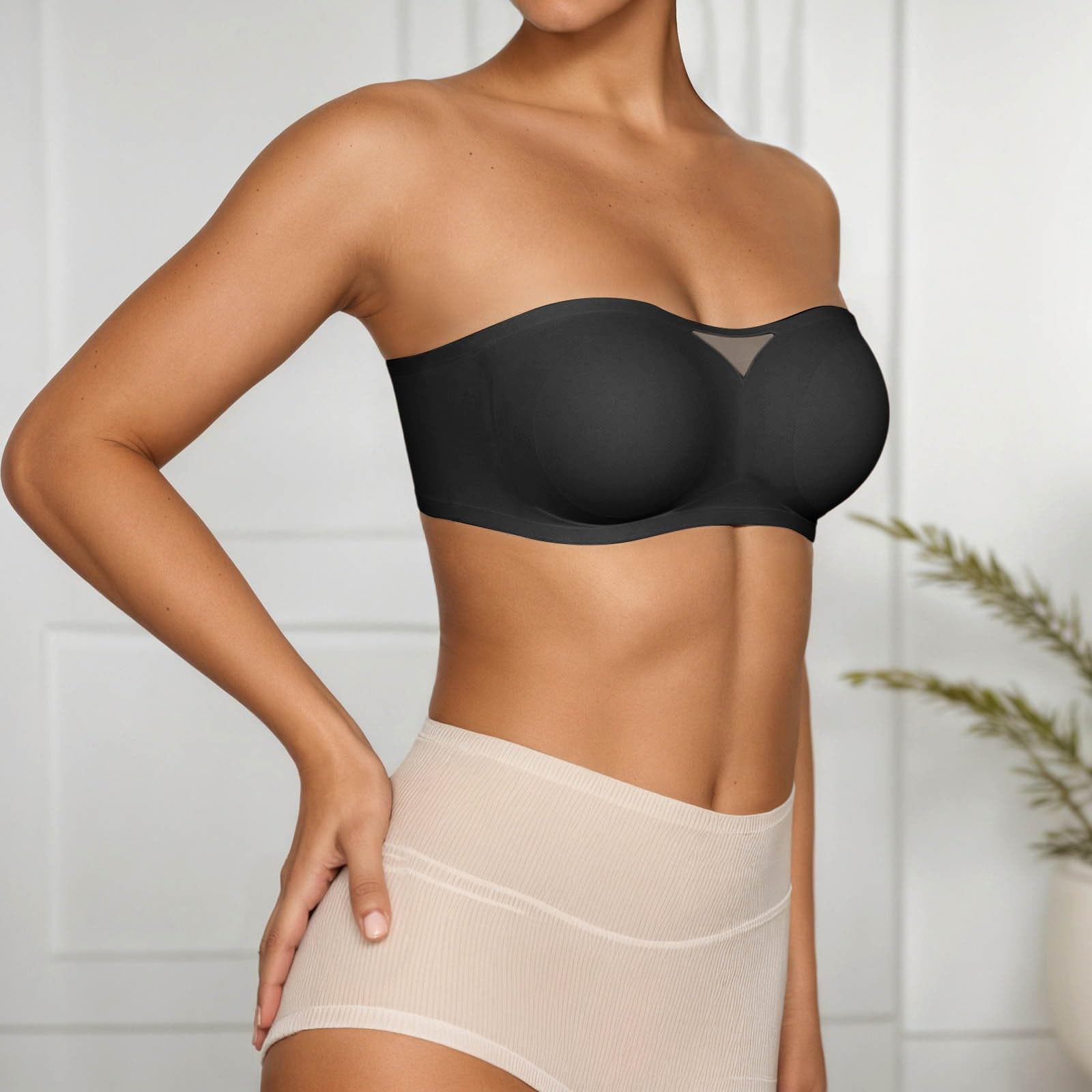 Women Summer Strapless Bra Seamless Comfortable Support Push Up Bralette, Black, M