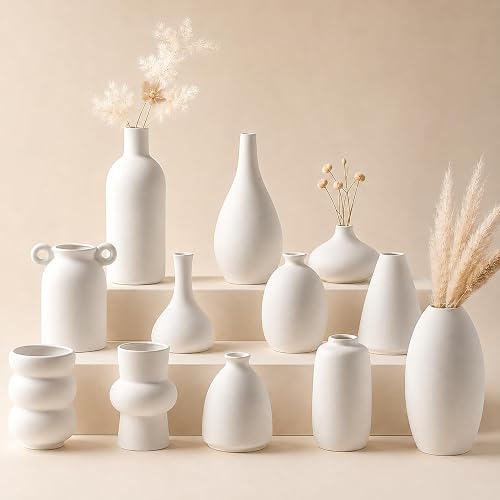 Set of 12 White Ceramic Vase for Pampas Grass Flowers, Japandi Small Vases in Bulk for Wedding Centerpieces, Shelf and Table Decorations, Living Room and Bedroom Decor, DIY Gift