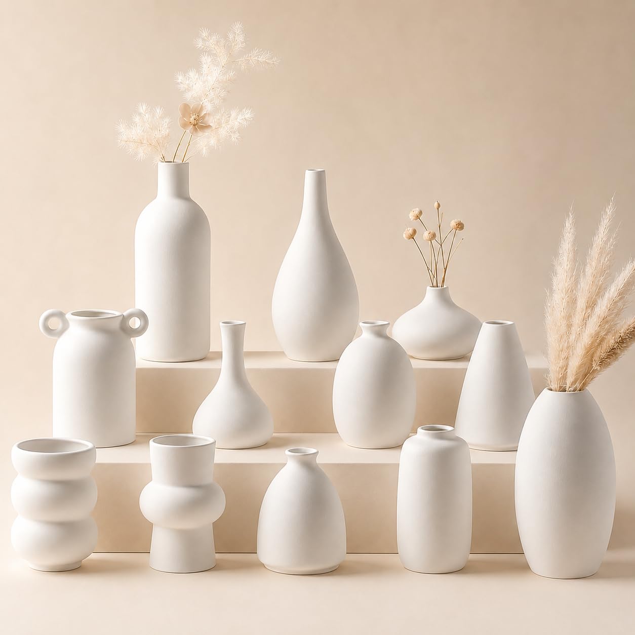 Parlamain Set of 12 White Ceramic Vase for Pampas Grass Flowers