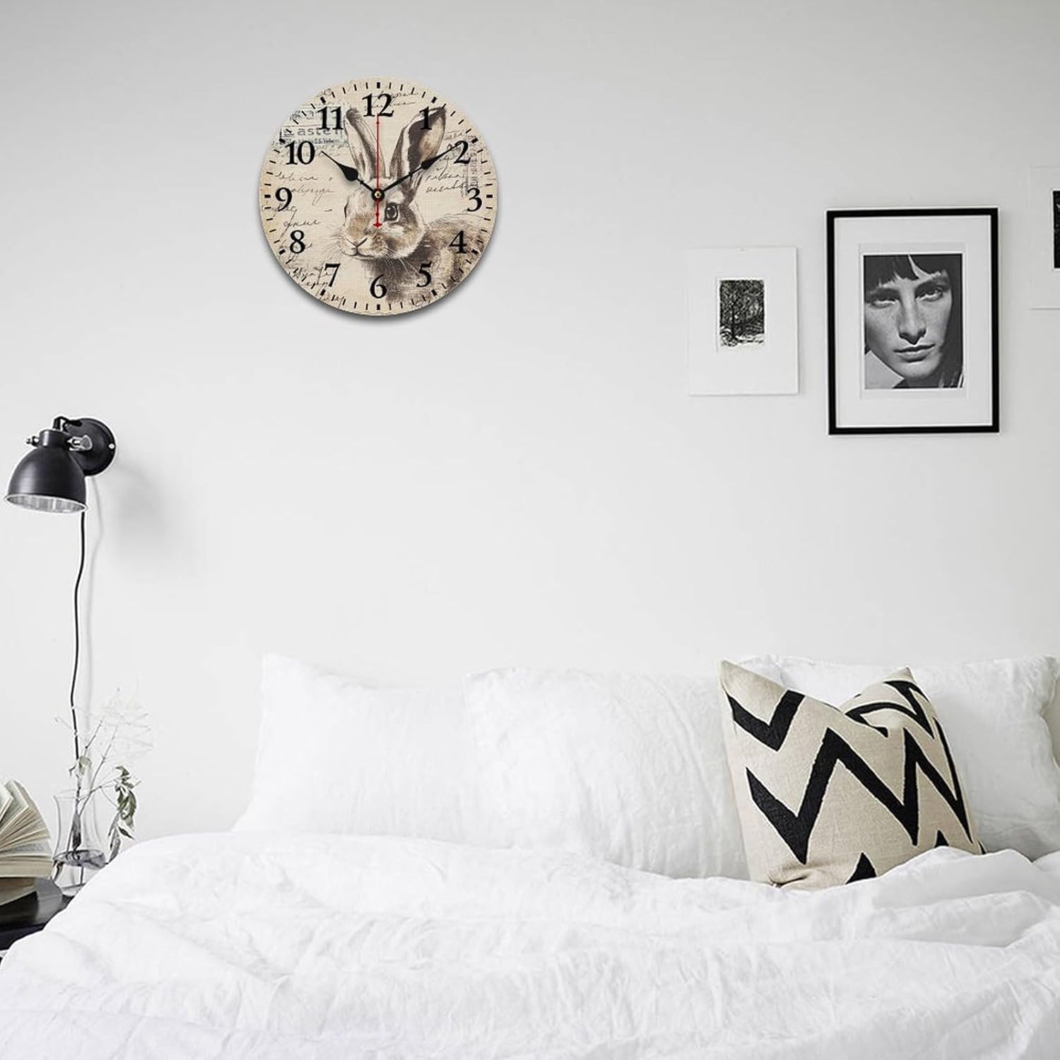 Wooden Wall Clock Vintage French Rabbit Bunny Round Wooden Hanging Clock Silent Non-Ticking Battery Operated Vintage Farmhouse Bunny 12 Inch Living Room Bedroom Office Kitchen School